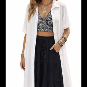 True Destinations White Duster Size L Boho Maxi Lightweight Rayon Cover Up